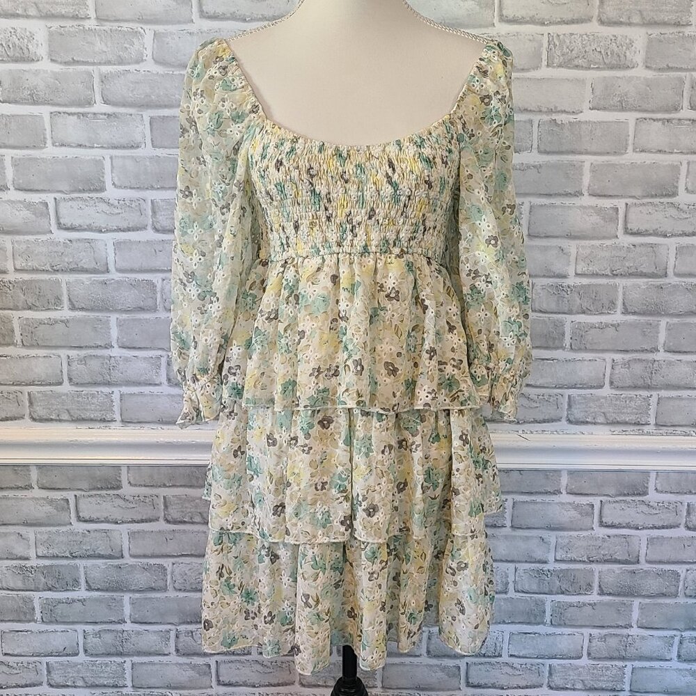 Boutique Storia Smocked Eyelet Chiffon Dress Floral M Cottagecore Coquette